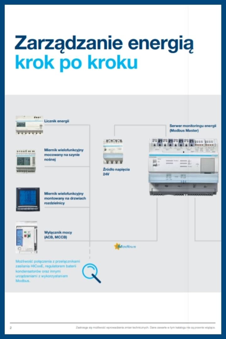 Okładka broszury Zarządzanie energią krok po kroku z obrazami licznika energii, miernika wielofunkcyjnego, źródła napięcia, serwera monitoringu energii oraz wyłącznika mocy (ACB, MCCB)
