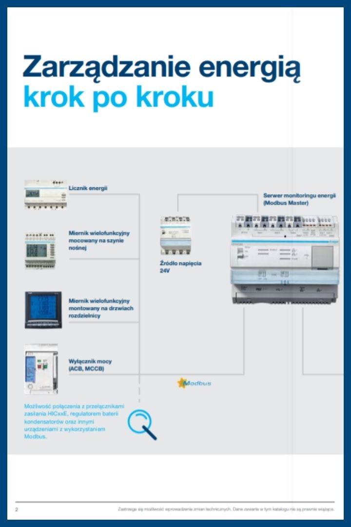 Okładka broszury Zarządzanie energią krok po kroku z obrazami licznika energii, miernika wielofunkcyjnego, źródła napięcia, serwera monitoringu energii oraz wyłącznika mocy (ACB, MCCB)