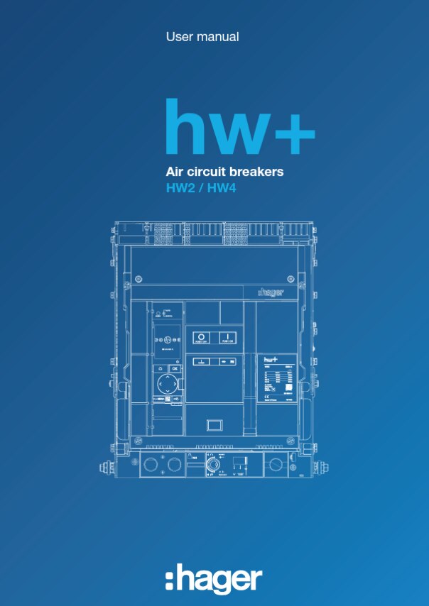 Okładka instrukcji obsługi Hager dla wyłączników powietrznych hw+ HW2 / HW4 ze schematycznym rysunkiem