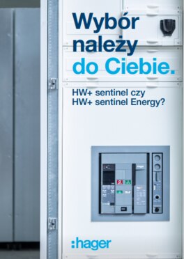 Szafka elektryczna Hager z reklamowym tekstem w języku polskim i widocznymi wyłącznikami nadmiarowoprądowymi