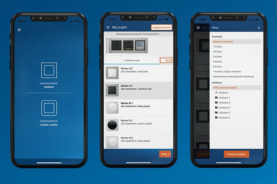 Trzy smartfony prezentujące aplikacje Grupy Hager do konfiguracji łączników Berker oraz rozwiązań oświetleniowych Hager Lumina w języku polskim