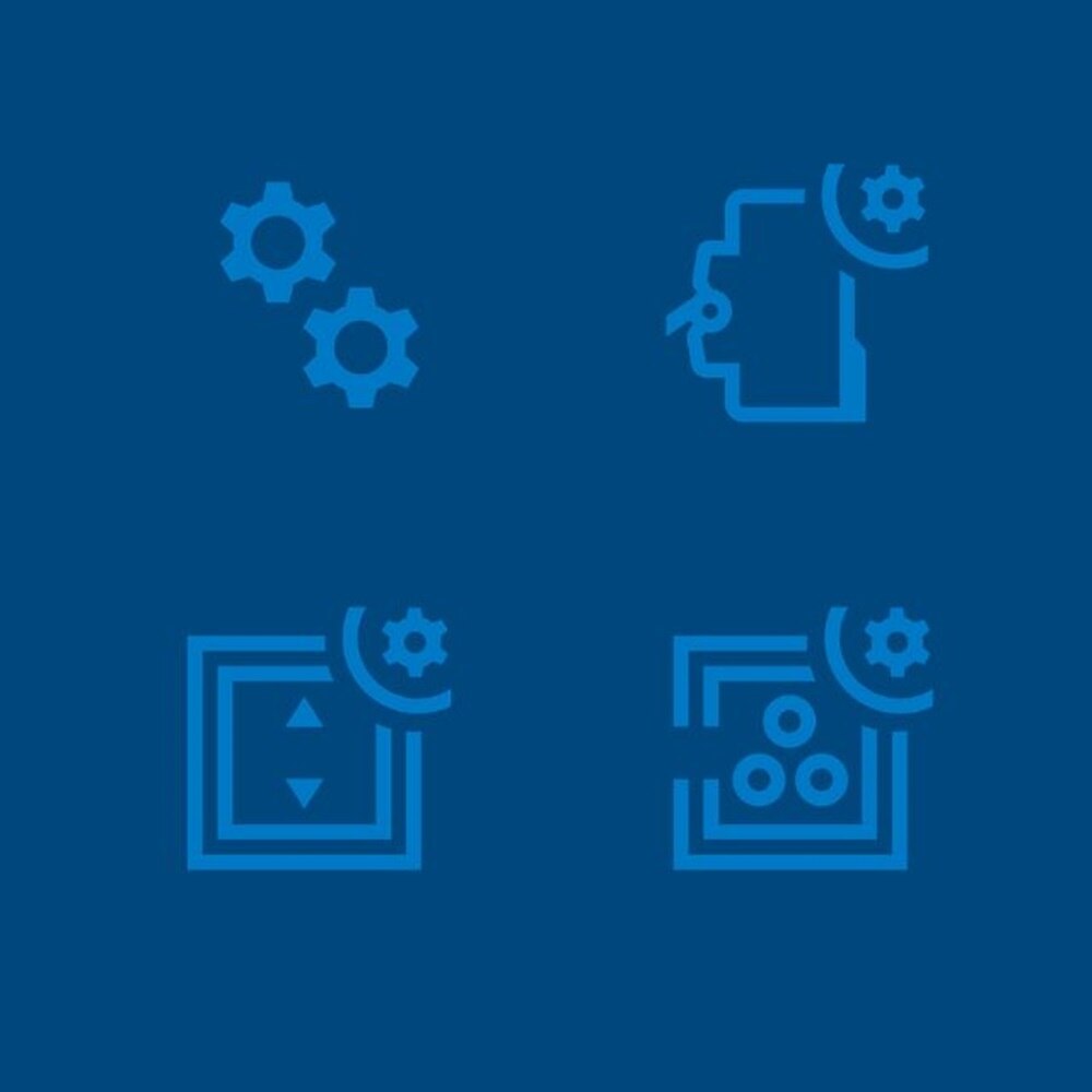 Jasnoniebieskie ikony na granatowym tle, symbolizujące różne konfiguratory Hager