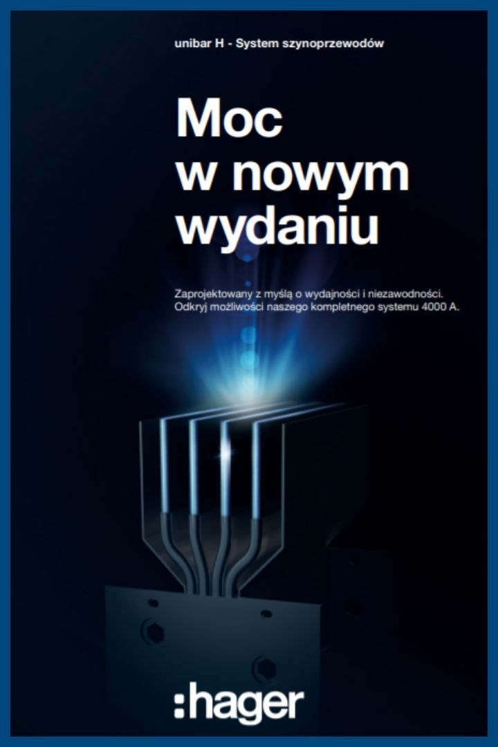 Reklama firmy Hager podkreślająca system szynoprzewodów z naciskiem na wydajność i niezawodność, z efektami świetlnymi wokół komponentów elektrycznych.