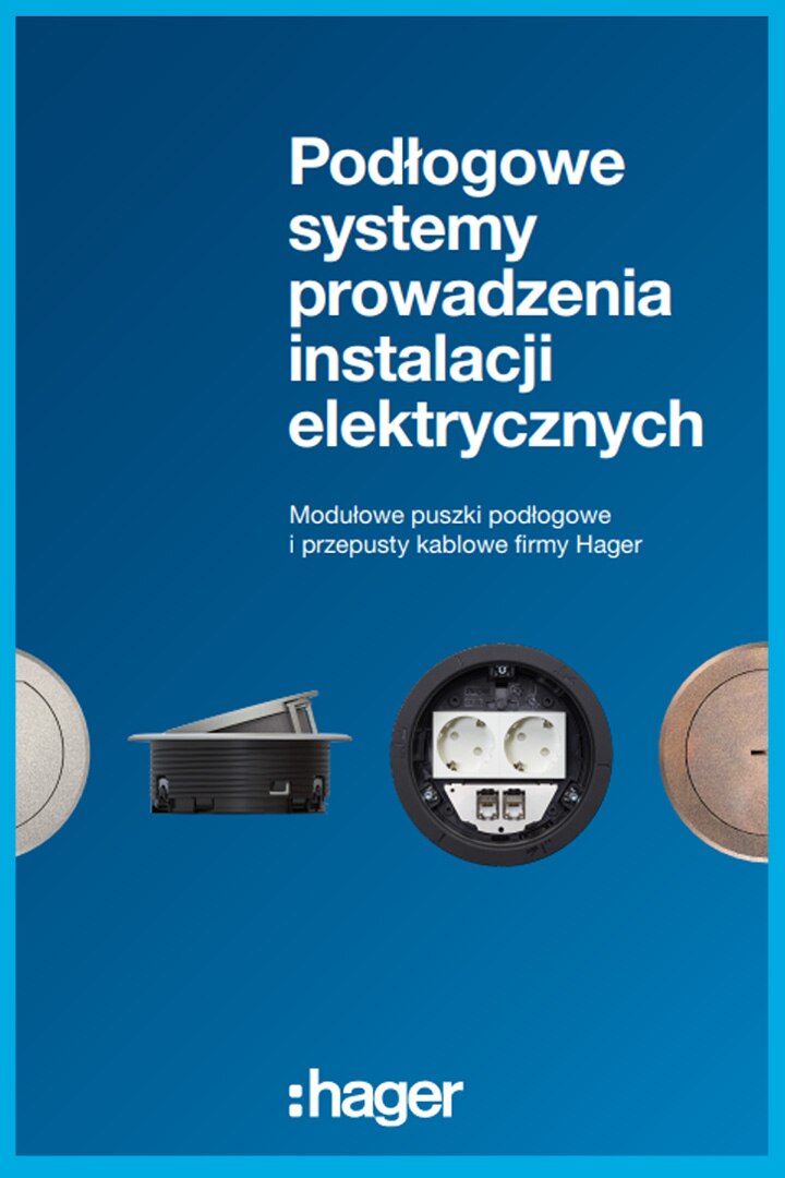 Reklama modułowych puszek podłogowych i systemów przepustów kablowych firmy Hager z detalami puszki podłogowej i logiem firmy