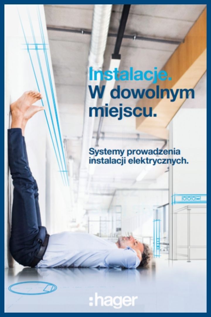 Osoba leżąca na podłodze z brandem Hager i ilustracją systemu prowadzenia instalacji elektrycznych