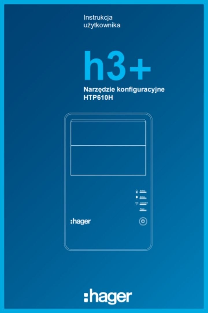 Okładka instrukcji użytkownika narzędzia konfiguracyjnego Hager h3+ HTP610H na niebieskim tle