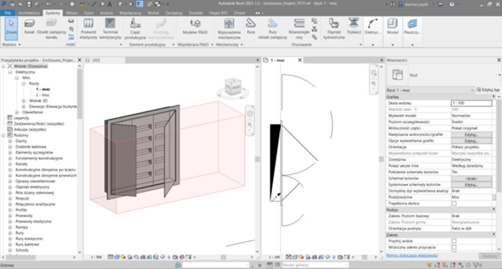 Zrzut ekranu interfejsu oprogramowania CAD z modelem szafy elektrycznej 3D