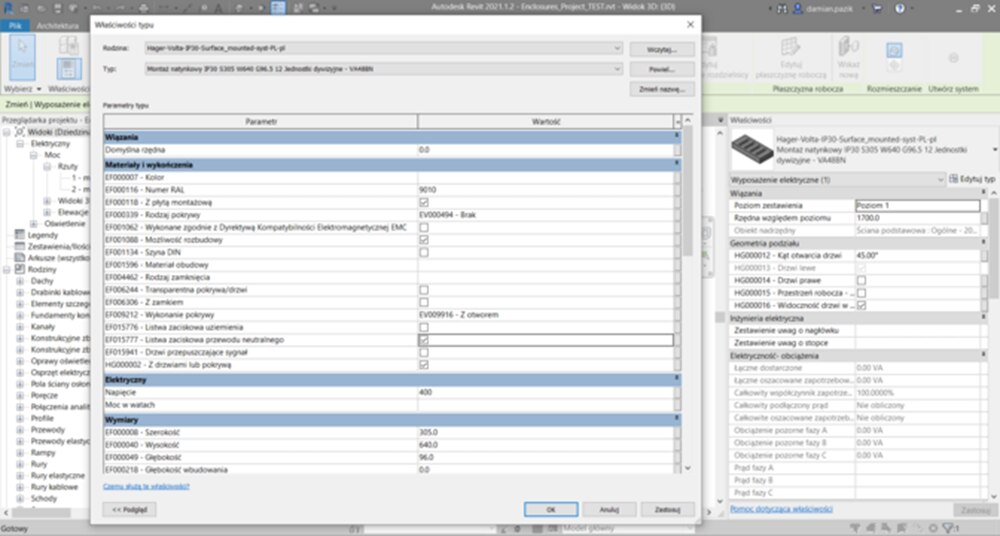 Zrzut ekranu interfejsu oprogramowania Hager do planowania systemów elektrycznych, przedstawiający różne parametry i listy komponentów.