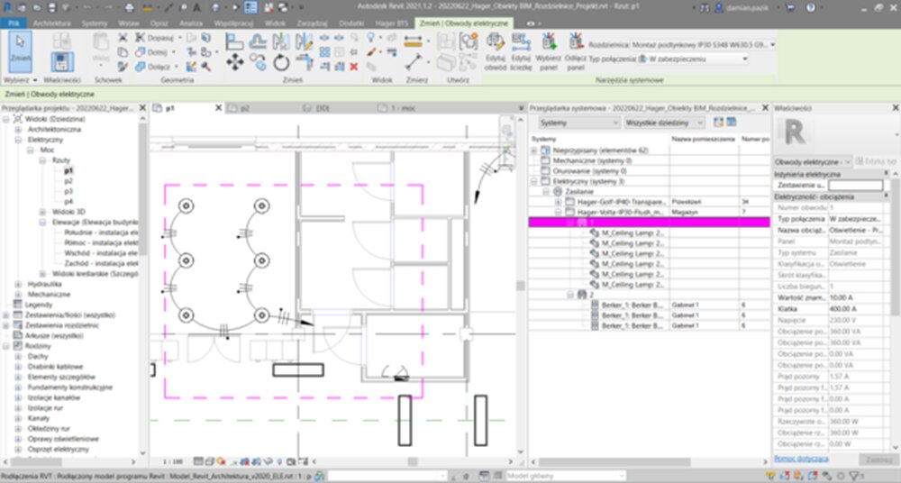 Zrzut ekranu planu elektrycznego w oprogramowaniu CAD z naciskiem na listę komponentów elektrycznych Hager