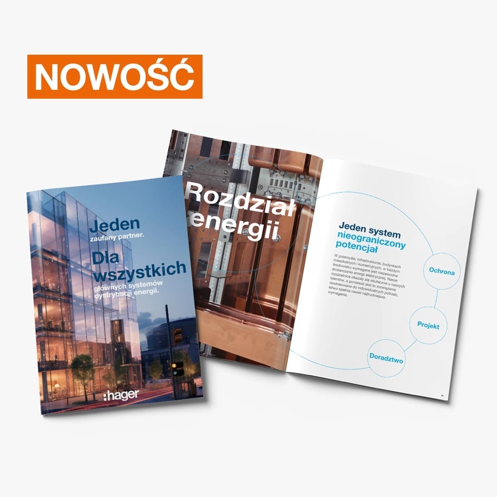 Okładka broszury o głównych systemach rozdzielczych firmy Hager