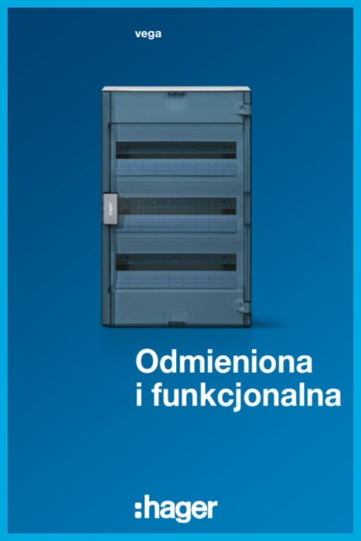 Rozdzielnica elektryczna Hager vega na niebieskim tle z hasłem 'Odmieniona i funkcjonalna'