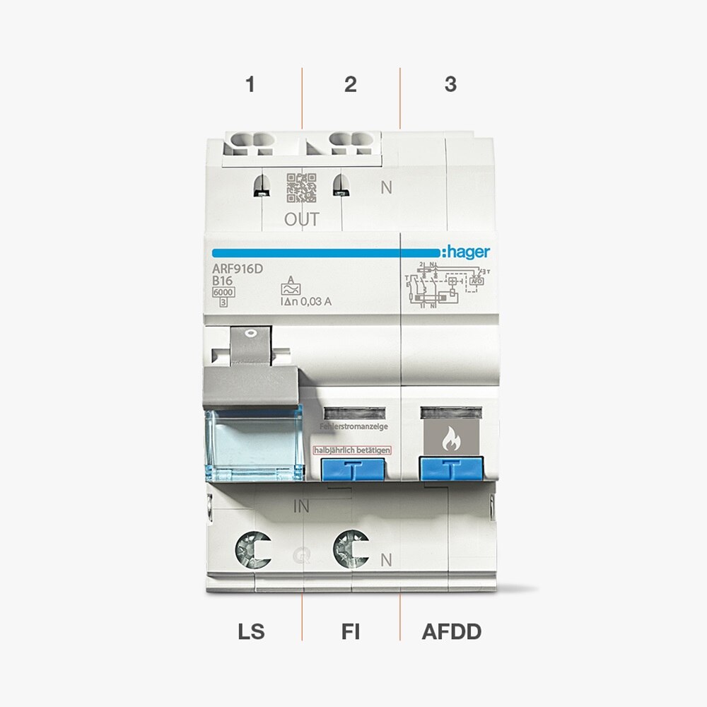 Frontansicht Brandschutzschalter Kombigerät ARF916D von Hager mit LS, FI und AFDD. Es beansprucht nur 3 Platzeinheiten innerhalb der Technikzentrale.