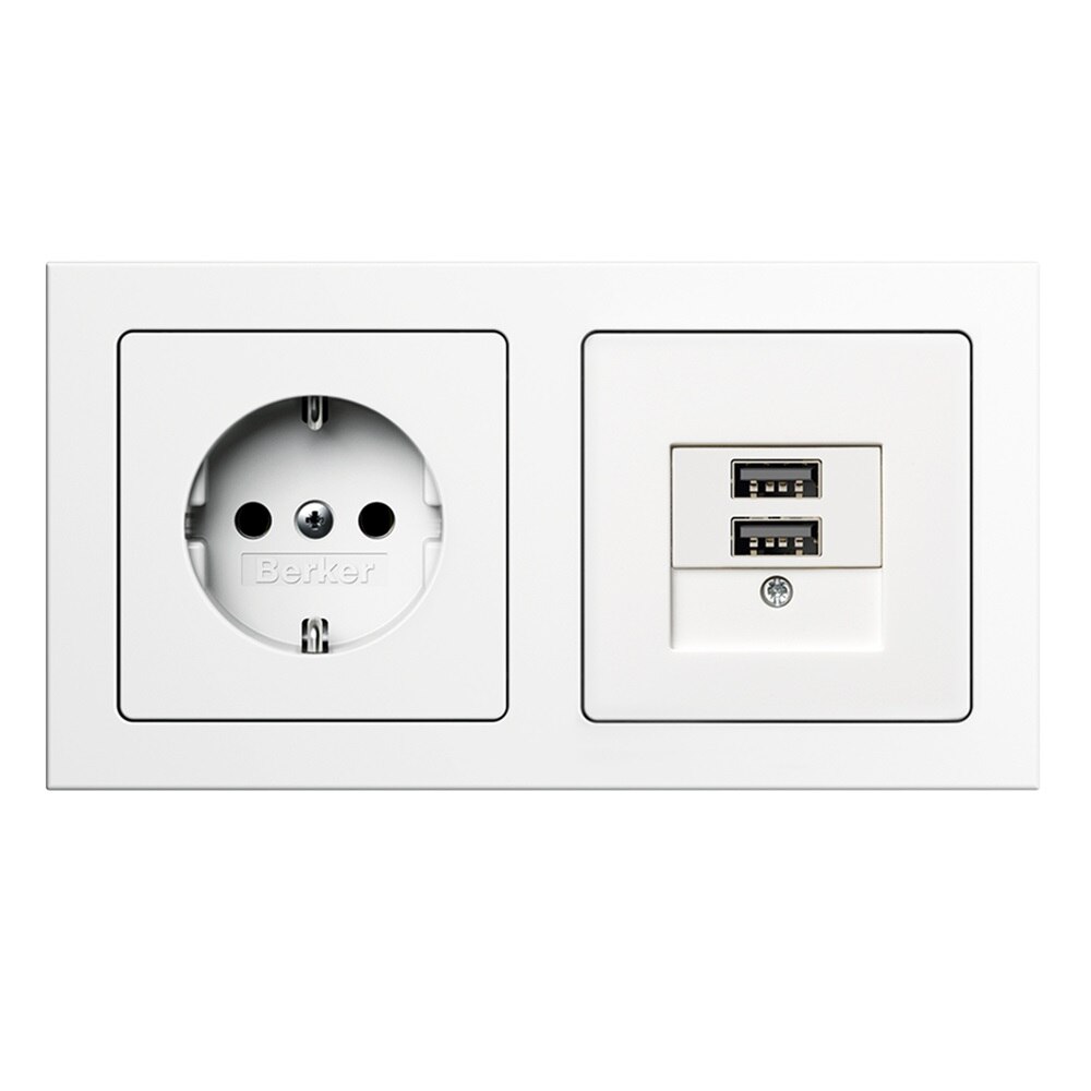 Design Berker Q.3 2fach Rahmen polarweiß mit den beiden Einsätzen Schuko-Steckdose links und einer USB Ladesteckdose 230 V, 3 A rechts.