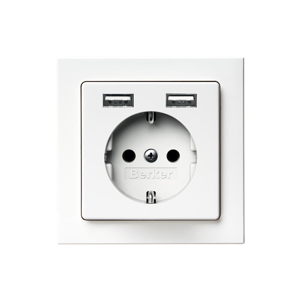 Bildkombination: links Icon '2,4 A USB-Ladestrom', rechts USB Ladesteckdose mit Zentraleinsatz und zwei USB-Ladeports. In der Designlinie Berker Q.3 polarweiß, ähnlich RAL 9010
