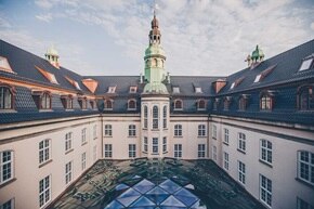 Flygvy över en historisk byggnad med en grön kupol och koppartak