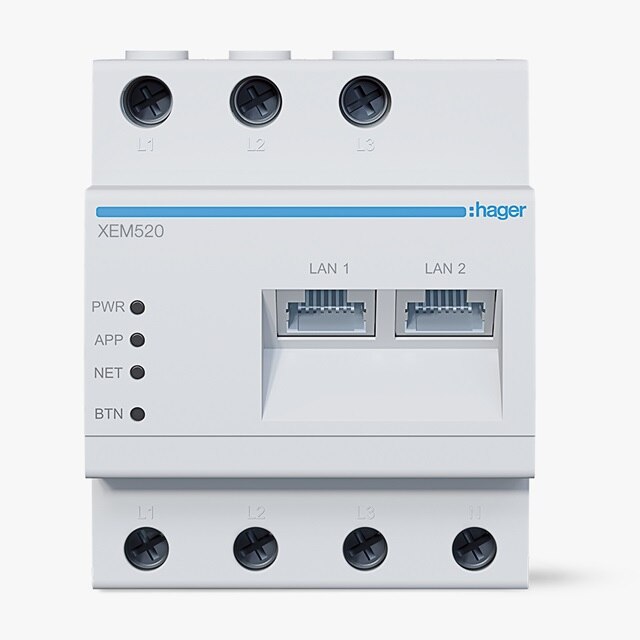 Hager energimätare XEM520 med LAN-portar och LED-indikatorer för ström och nätverksanslutning