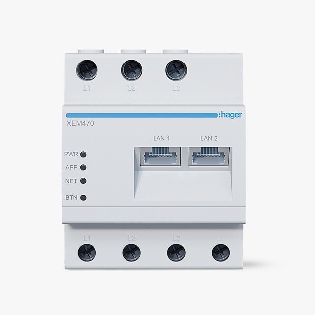 Hager XEM470 energimätare med ethernetportar och indikatorlampor