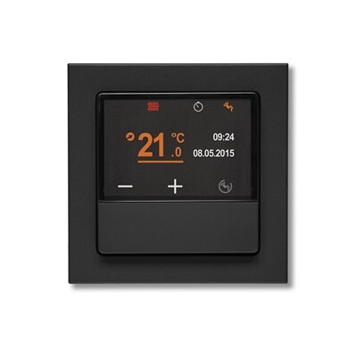Vy framifrån av Hager Q.3 KNX temperaturregulator färg antracit med TFT-display