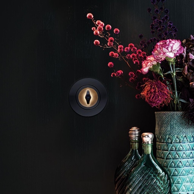 Modernt svart nyckelformat ljusomkopplare på en mörk vägg med dekorativa blommor och vaser