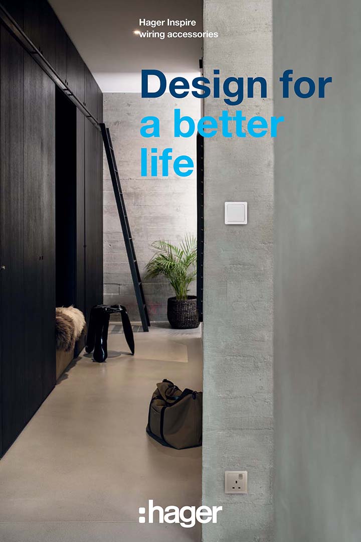 Modern interior with a Hager wall-mounted light switch and a power socket, featuring the slogan 'Design for a better life'.