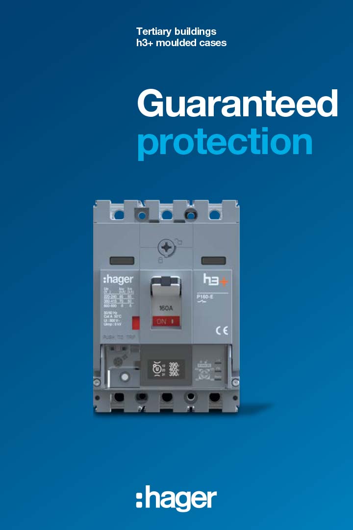 Hager molded case circuit breaker for tertiary buildings with 'Guaranteed protection' slogan