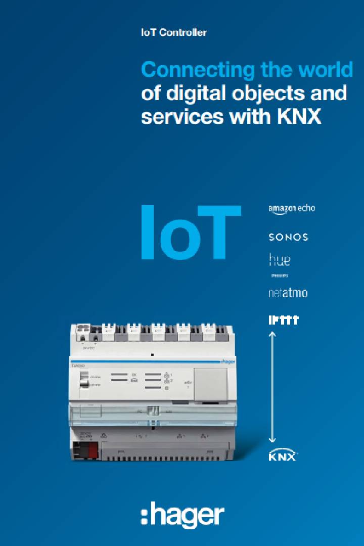 Hager IoT Kontrolörü reklam görseli, KNX sistemi ve akıllı ev cihazları ile uyumluluğu vurguluyor