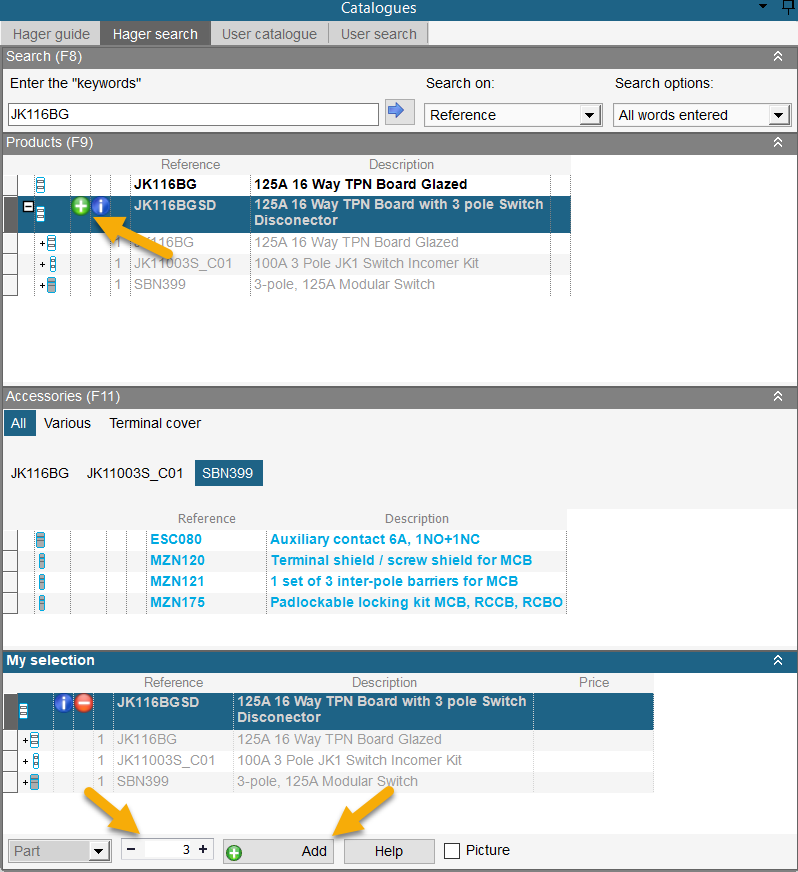 hagercad adding a product from catalogue search