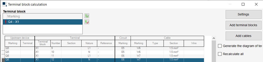 hagercad terminal block calcuation settings screen